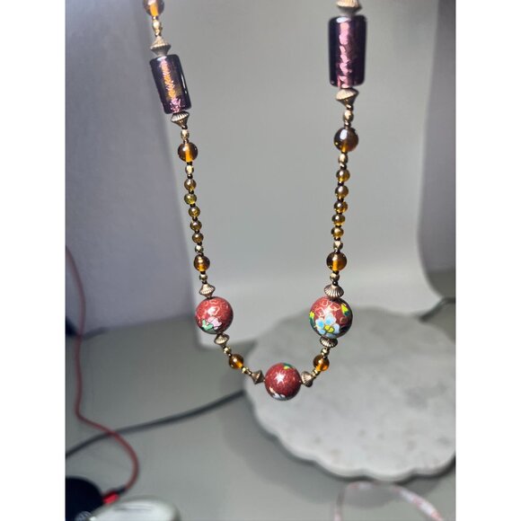 Vtg Artisan Cloisonné Beaded Necklace Amethyst Glass Toggle Clasp Cherry Blossom - Picture 8 of 10